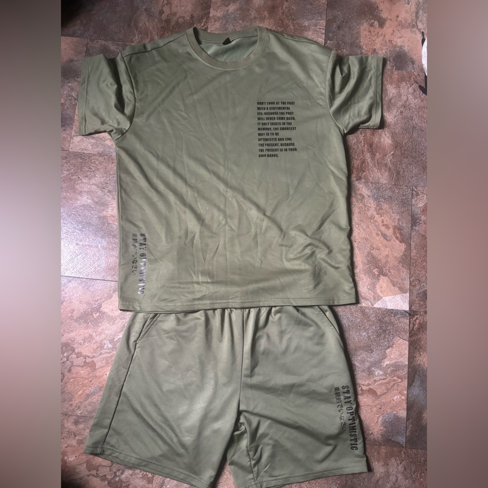 SHEIN Olive Green Men's T-Shirt and Shorts Set